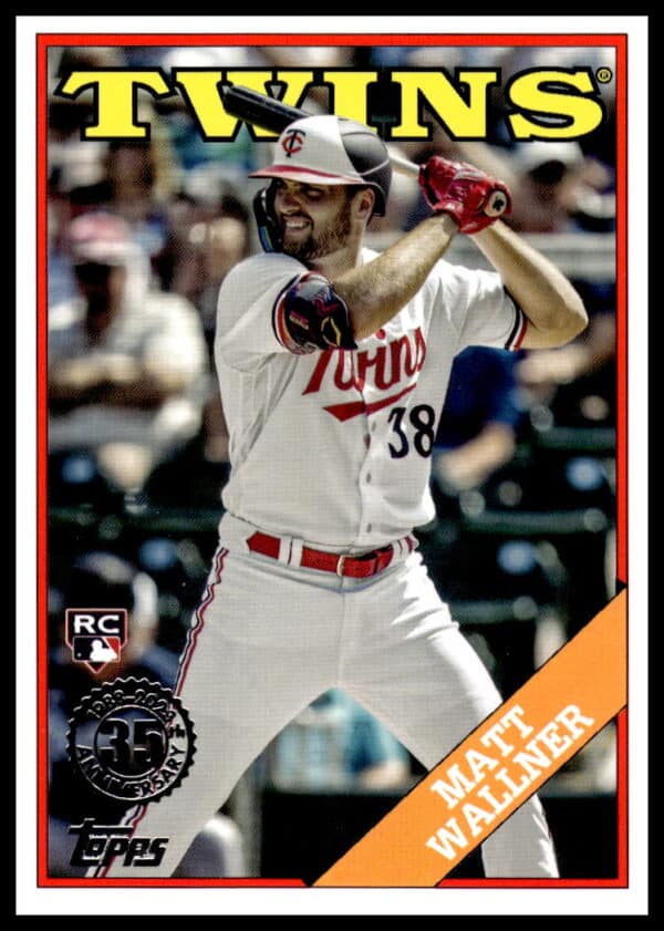 2023 Topps Rookie Baseball Card of Minnesota Twins Matt Wallner in action shot.