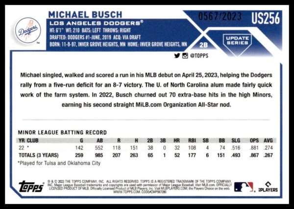 2023 Topps baseball card featuring Michael Buschs MLB debut and minor league statistics.