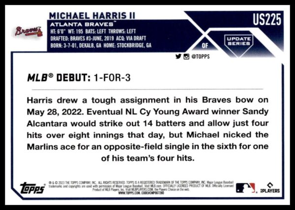 Atlanta Braves rookie Michael Harris IIs 2023 Topps Update collectible card #US225.