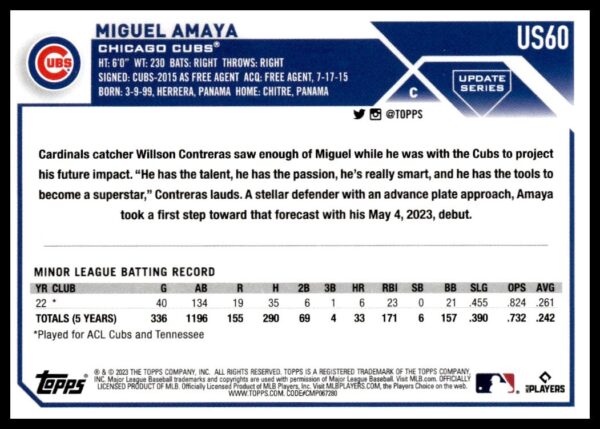 Topps Update Series baseball card of Miguel Amaya, Chicago Cubs catcher, #US60.