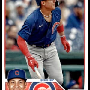 Miguel Amayas 2023 Topps Update rookie baseball card, Chicago Cubs catcher in action.