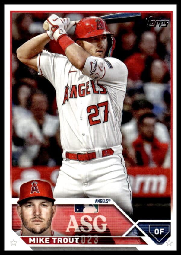 Mike Trout, Angels outfielder, in action on 2023 Topps ASG-18 Baseball card.