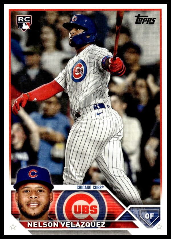 Topps Rookie Card of Nelson Velazquez, Chicago Cubs outfielder, in action.