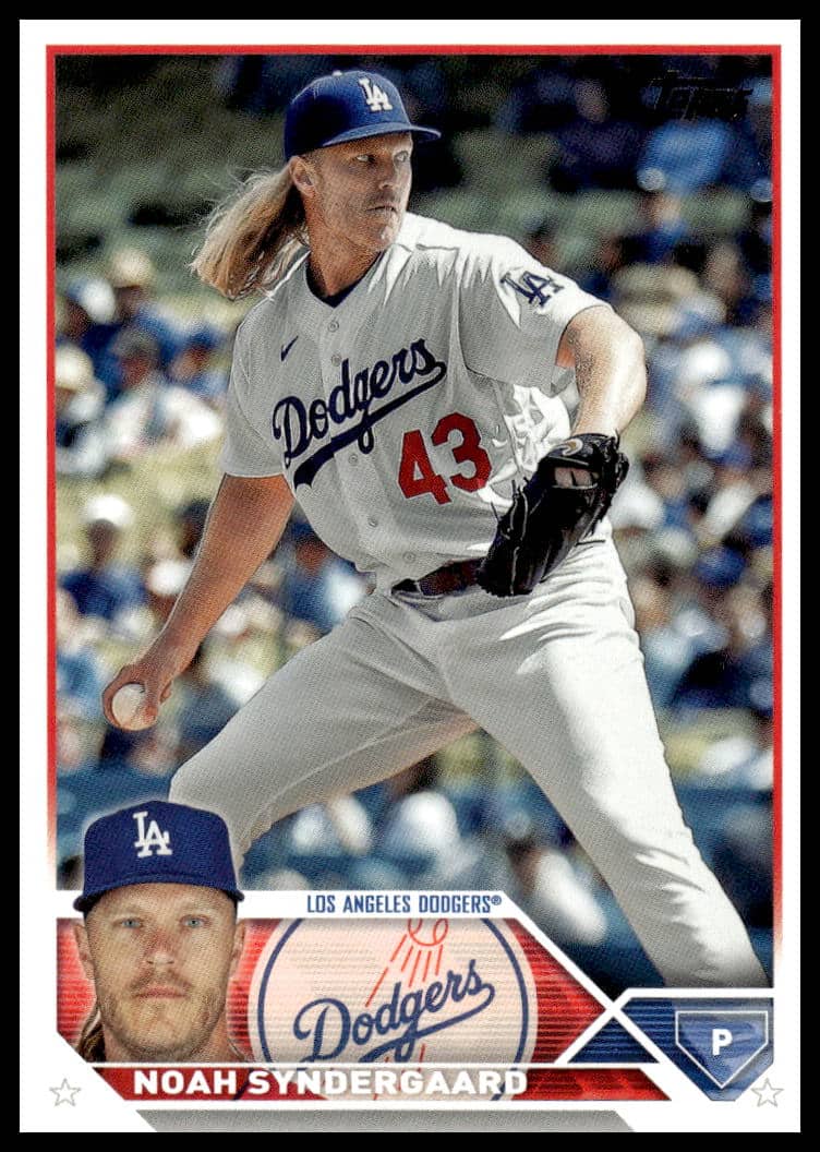 Noah Syndergaard pitching in Dodgers uniform on 2023 Topps Update Card #US150.