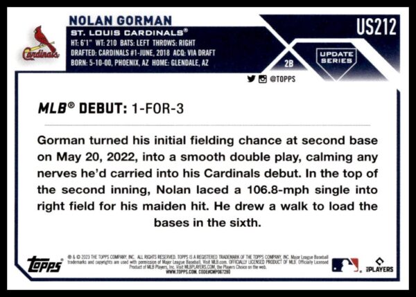 Topps baseball card showcasing Nolan Gormans MLB debut with St. Louis Cardinals, card #US212.