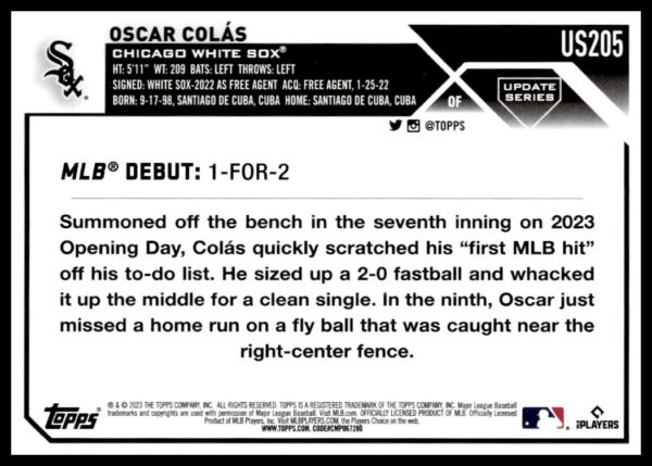 Oscar Coláss Chicago White Sox baseball card from 2023 Topps Update series highlighting his MLB debut.