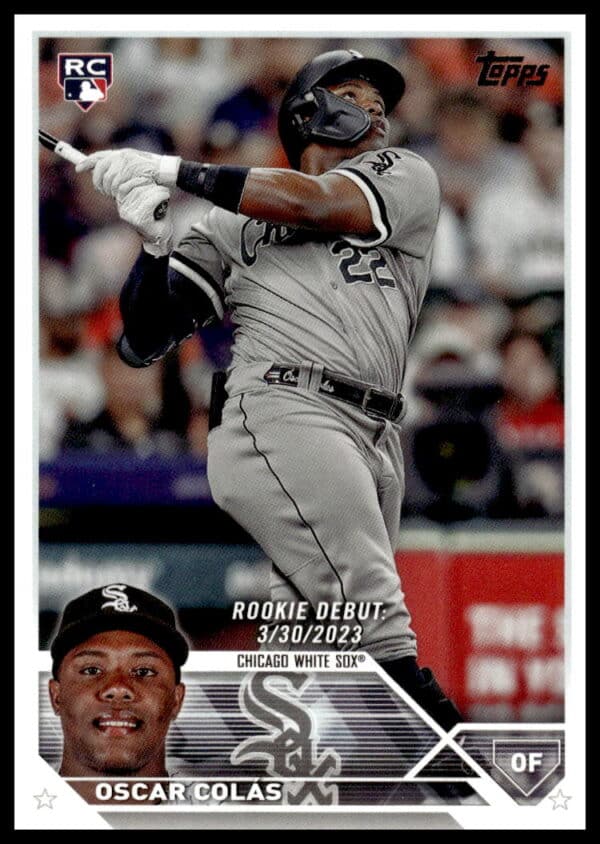 Oscar Colas rookie baseball card by Topps, featuring his 2023 Chicago White Sox debut.