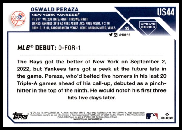 Backside of Oswald Perazas 2023 Topps Update baseball card, featuring his debut details.