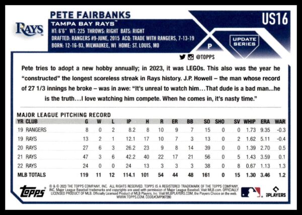 2023 Topps Update Series baseball card for Pete Fairbanks of Tampa Bay Rays.