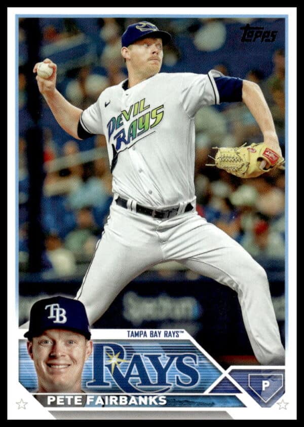 Pete Fairbanks pitching for Tampa Bay Rays in 2023 Topps Update baseball card.