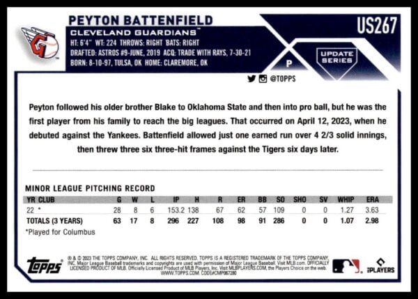 2023 Topps Update Peyton Battenfield #USC102 (Back)