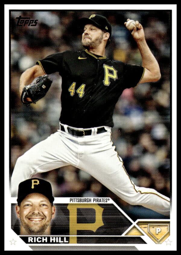 Rich Hill pitching in Pittsburgh Pirates uniform on 2023 Topps Baseball card.