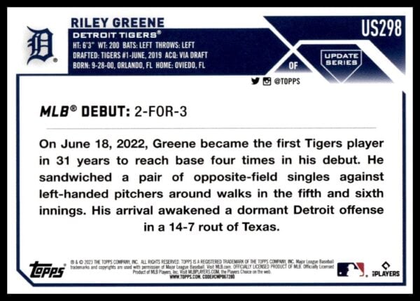 Topps card of Riley Greenes MLB debut with Detroit Tigers, showcasing his performance.