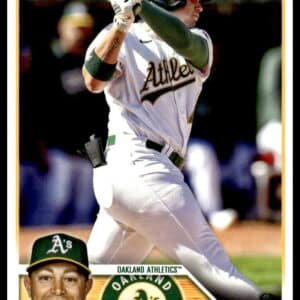 Ryan Noda batting for Oakland Athletics on his 2023 Topps Rookie Baseball Card.