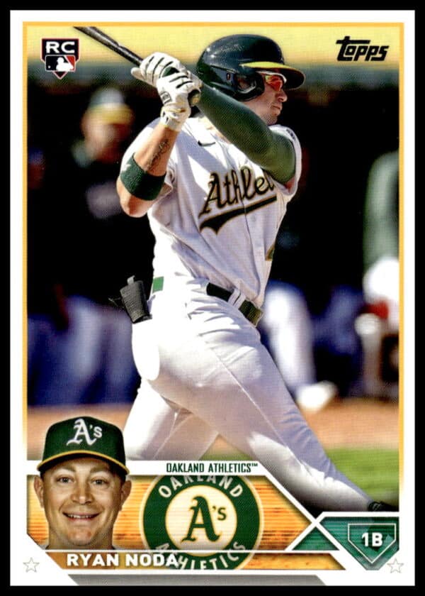 Ryan Noda batting for Oakland Athletics on his 2023 Topps Rookie Baseball Card.