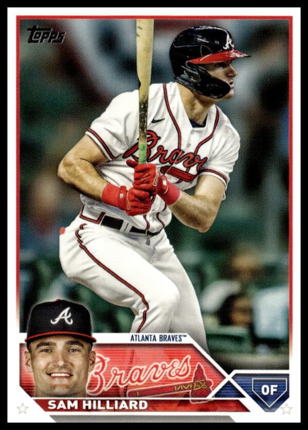 Atlanta Braves player Sam Hilliard in action on 2023 Topps baseball card.