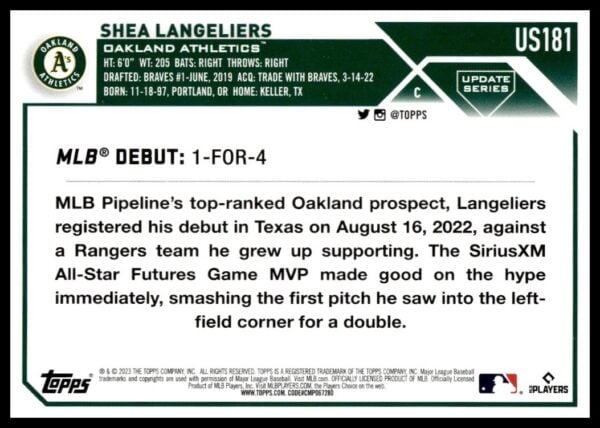 Shea Langeliers 2023 Topps Update baseball card showcasing his Oakland Athletics debut.