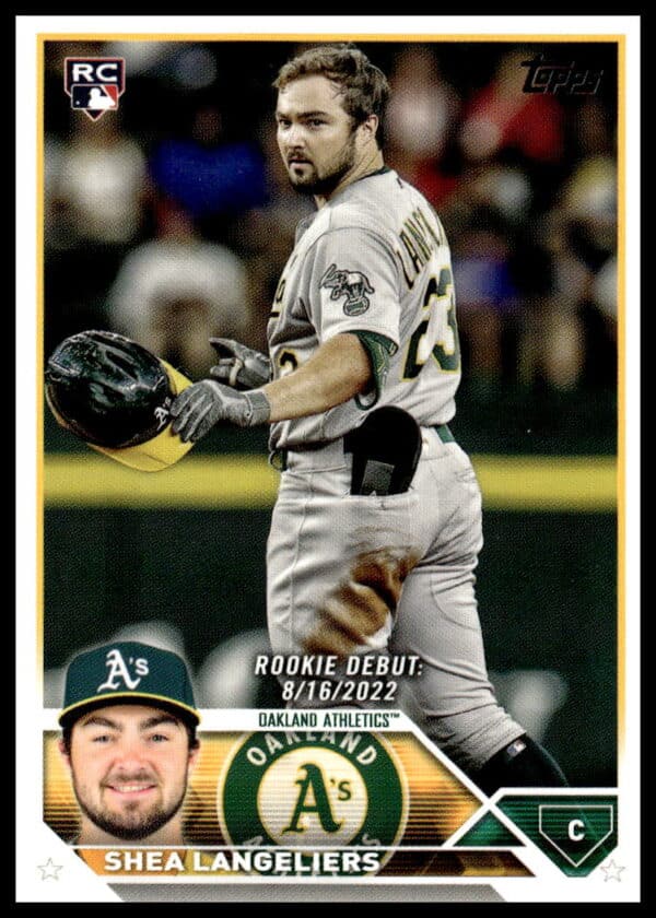 Shea Langeliers rookie baseball card by Topps, depicting him in Oakland Athletics uniform.