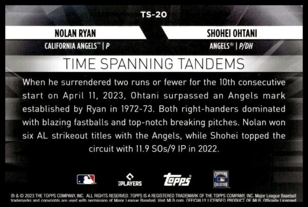 Topps 2023 collectible card featuring Angels players Nolan Ryan and Shohei Ohtanis achievements.