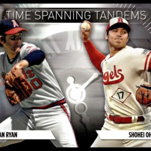 2023 Topps baseball card featuring Shohei Ohtani and Nolan Ryan in pitching action.