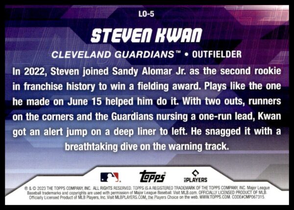 2023 Topps LO-5 baseball card featuring Steven Kwan, Cleveland Guardians outfielder.