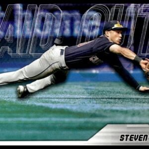 Steven Kwan making a dynamic catch in 2023 Topps Update Baseball Card #LO-5.