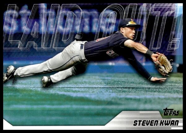 Steven Kwan making a dynamic catch in 2023 Topps Update Baseball Card #LO-5.