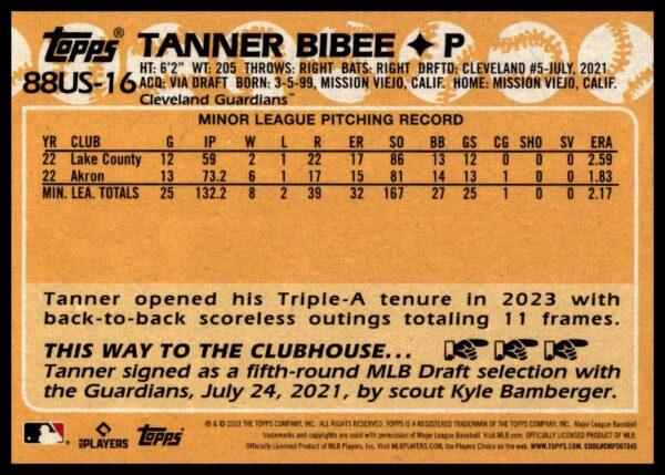 Tanner Bibees 2023 Topps baseball card showcasing his pitching statistics and MLB Draft details.