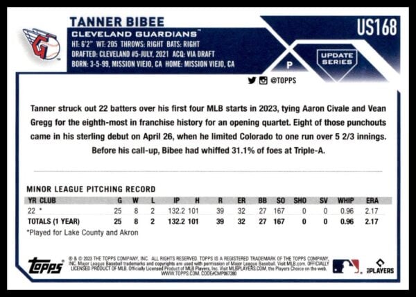 2023 Topps Update Tanner Bibee #US168 (Back)