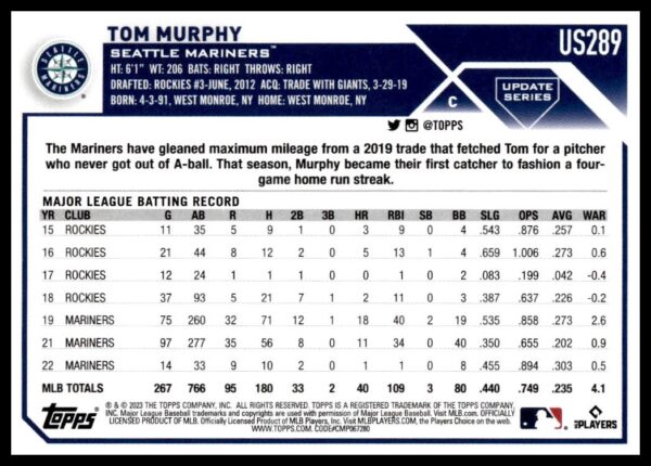 2023 Topps Update Tom Murphy #US289 (Back)