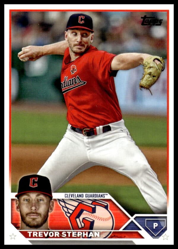 Trevor Stephan pitching in his Cleveland baseball uniform on a 2023 Topps Update card.