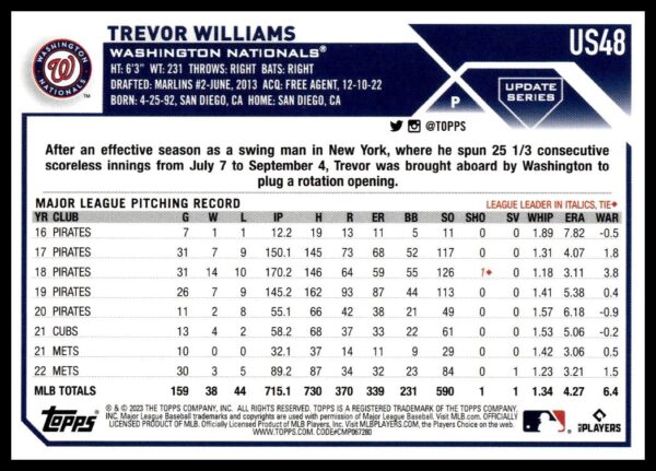 2023 Topps Update Trevor Williams #US48 (Back)