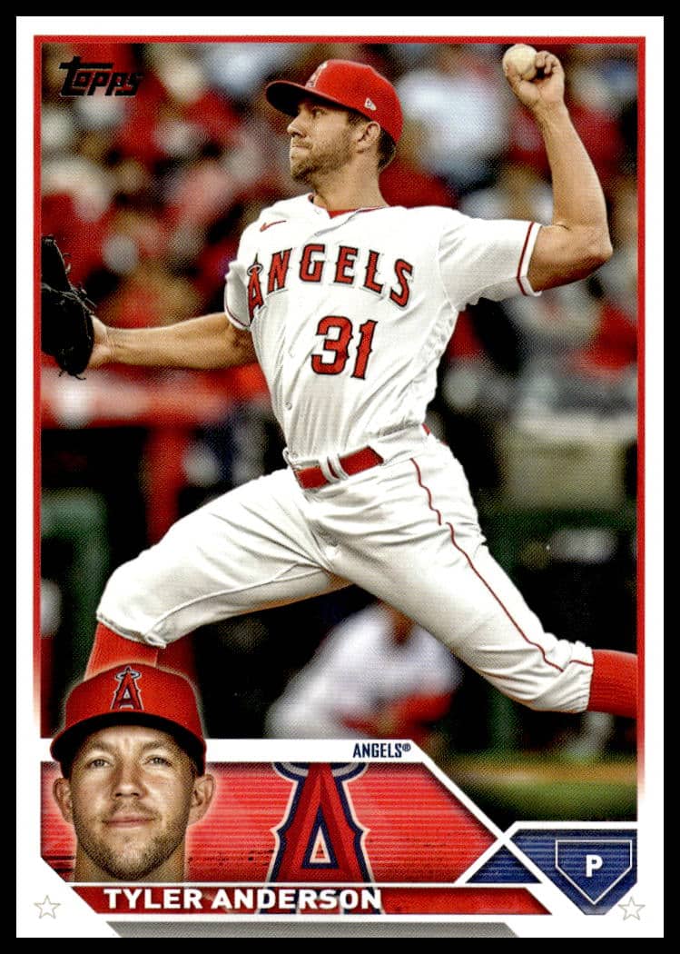 2023 Topps baseball card featuring Los Angeles Angels player Tyler Anderson in action.