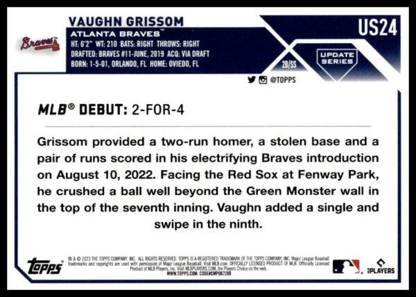 Back of 2023 Topps Update baseball card featuring Vaughn Grissoms impressive MLB debut.