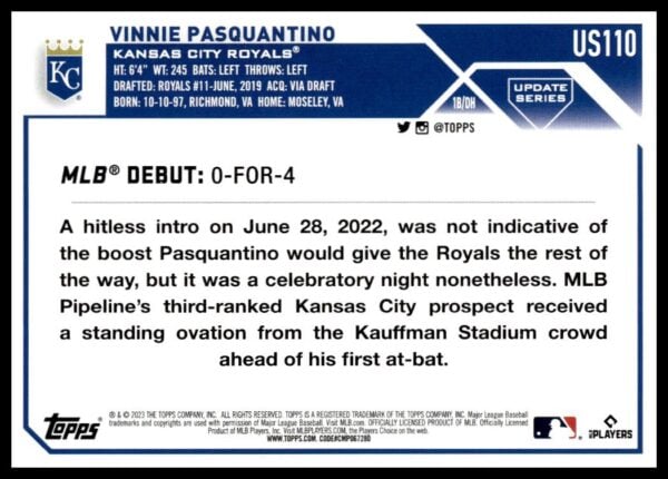 2023 Topps Update Vinnie Pasquantino #US110 (Back)