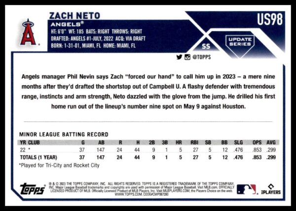 Zach Neto LA Angels Topps Card #US98 showcasing his career statistics and highlights.