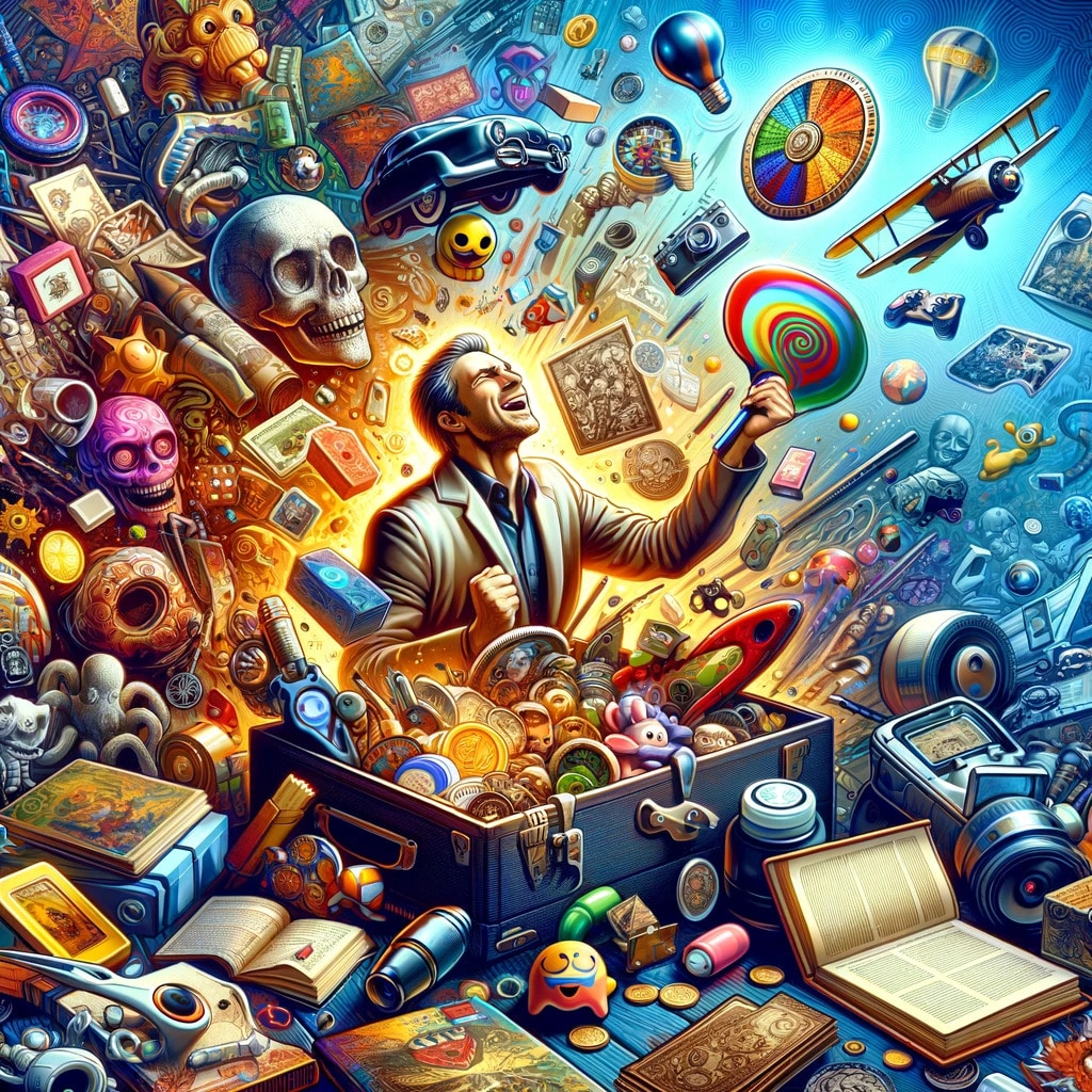 Enthusiastic collector surrounded by diverse collectibles in a vibrant, whimsical illustration.