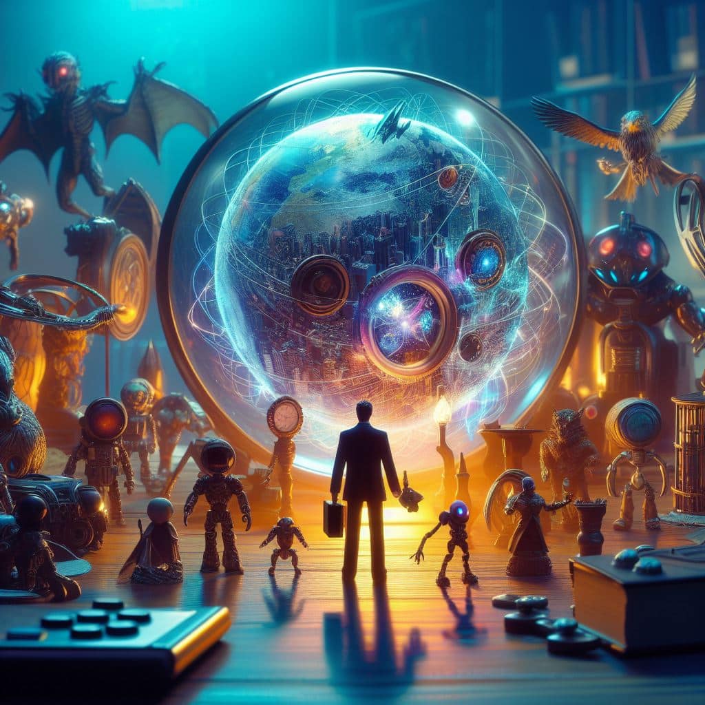 Futuristic scene of video game collectibles featuring celestial orbs, robots, and a human observer.