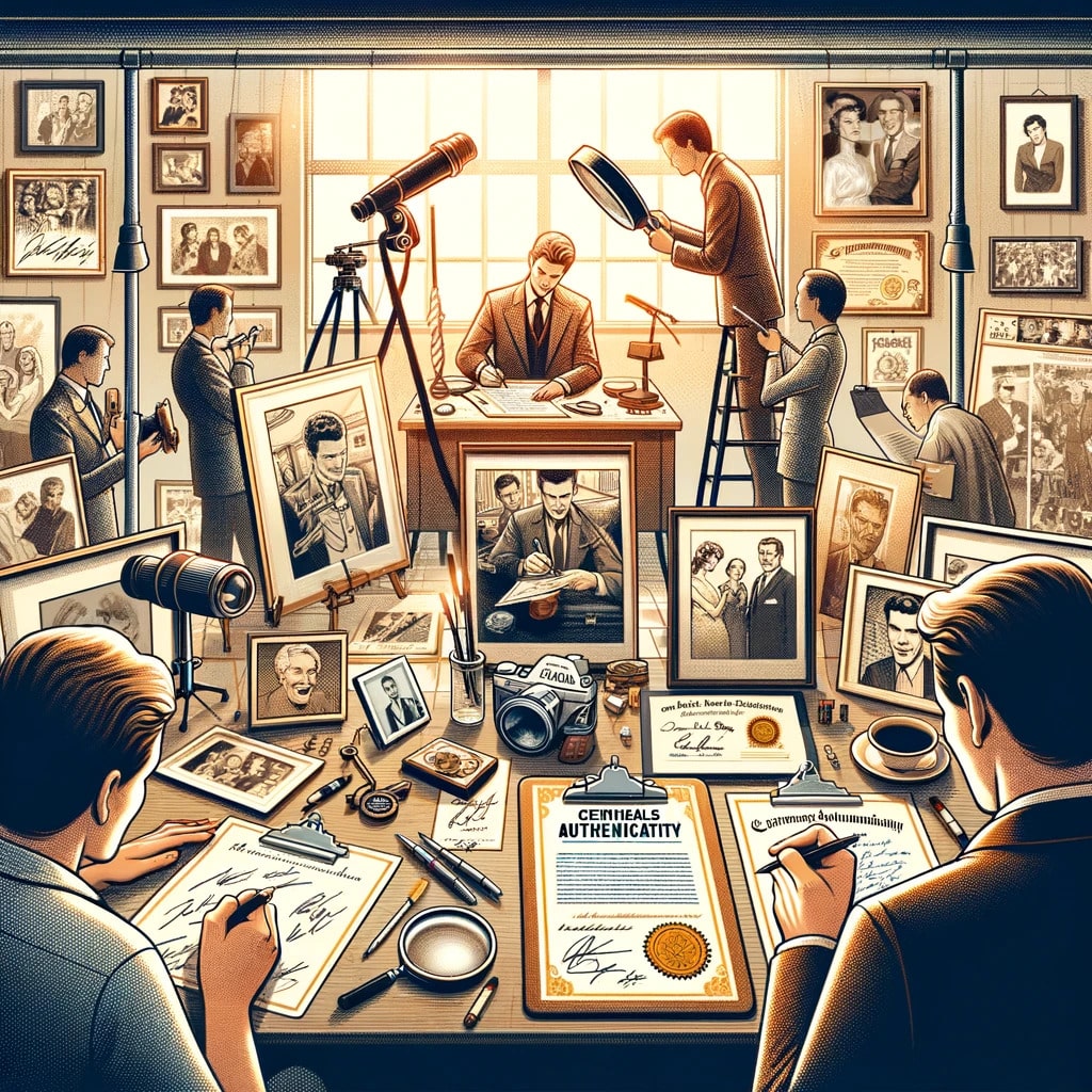 Vintage office scene depicting detail-oriented autograph authentication and photography tasks.