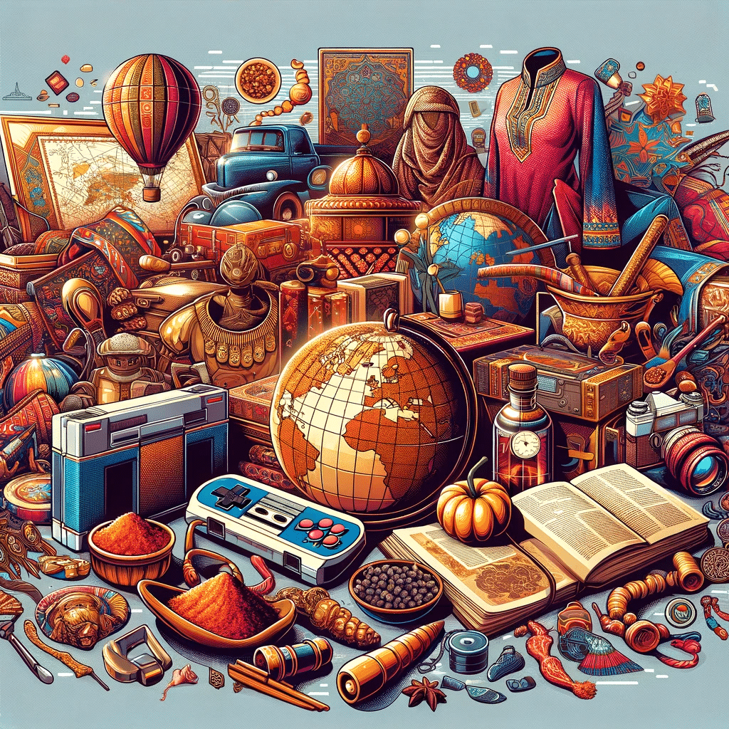 Illustration showcasing global collectibles and artifacts symbolizing culture, history, and exploration.