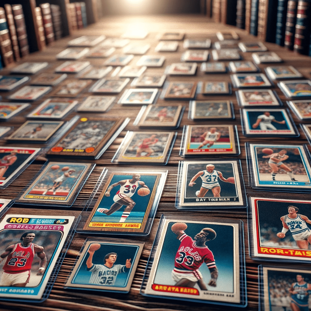 Extensive collection of vintage basketball trading cards displayed on a table.