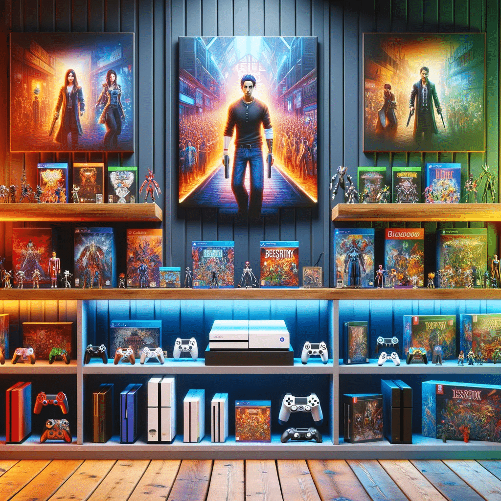 Modern gaming room showcasing a vibrant collection of rare consoles and exclusive video game merchandise.