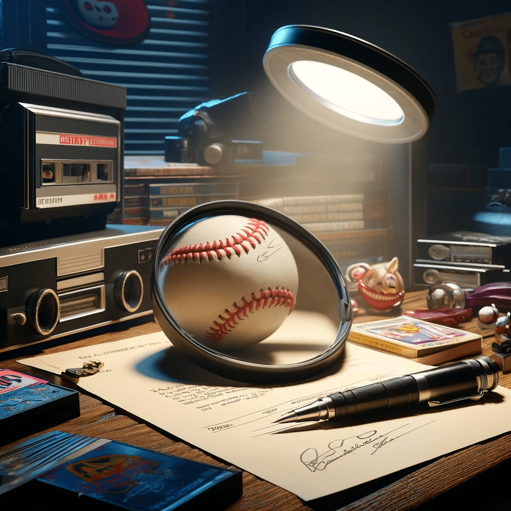 Vintage desk setup featuring magnified baseball and retro music memorabilia.