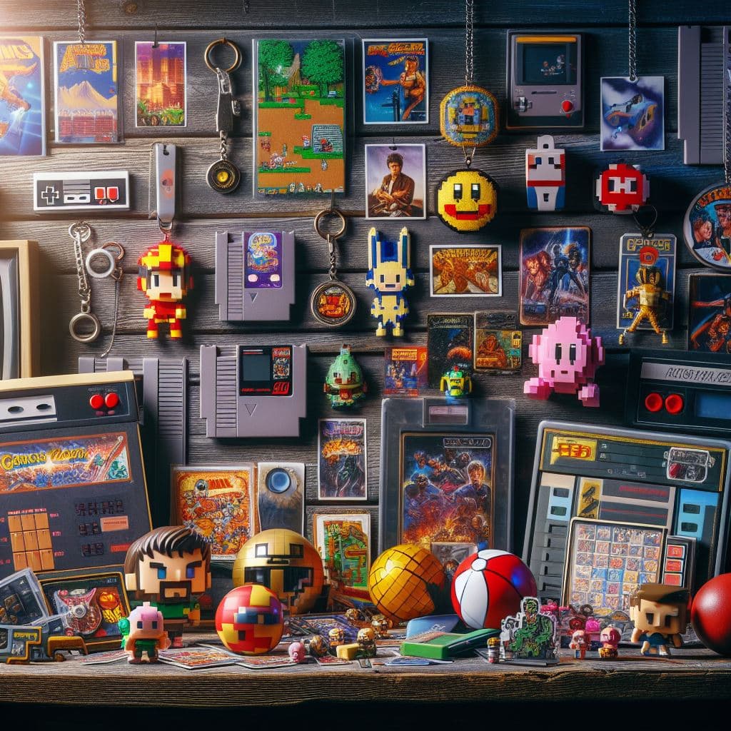 Retro video game memorabilia, featuring classic game cartridges, handheld systems, and iconic pixel art.