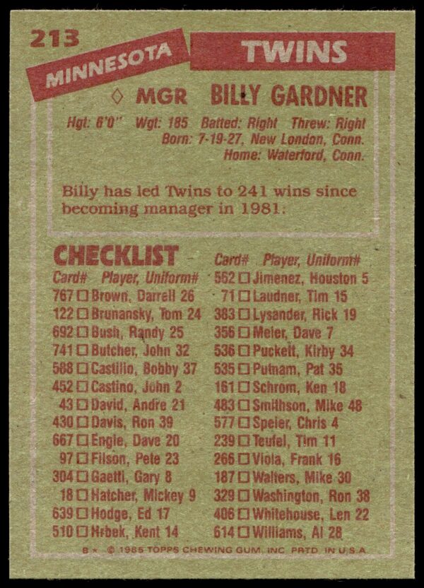 1985 Topps Billy Gardner #213 (Back)
