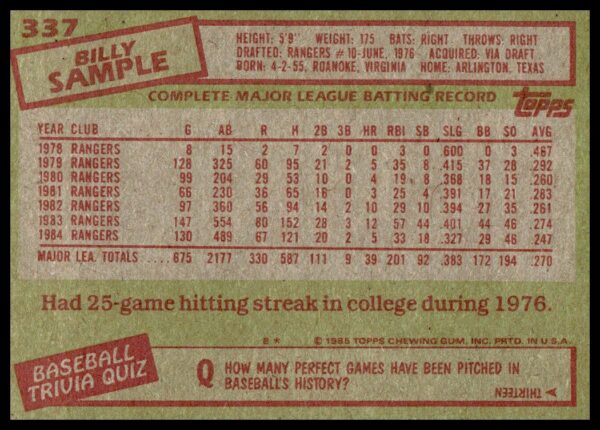 1985 Topps Billy Sample #337 (Back)