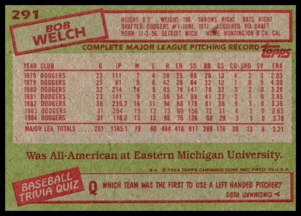 1985 Topps Bob Welch #291 (Back)