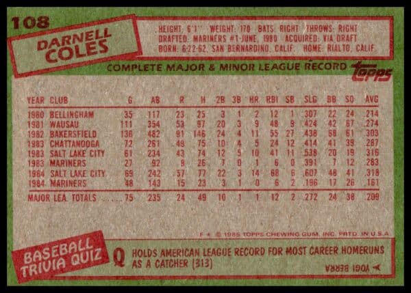 1985 Topps Darnell Coles #108 (Back)