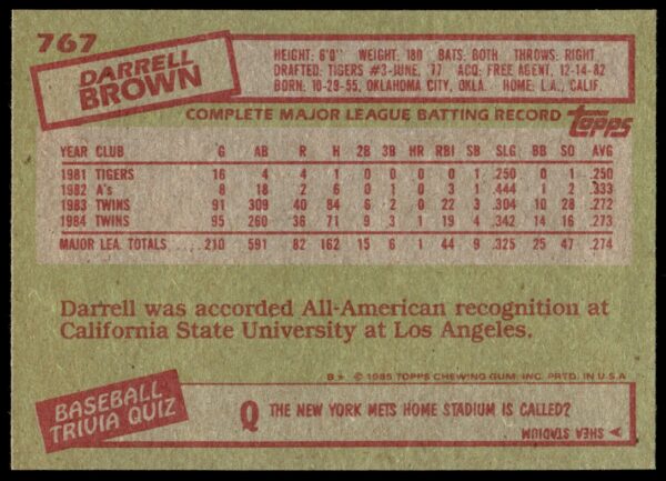 1985 Topps Darrell Brown #767 (Back)