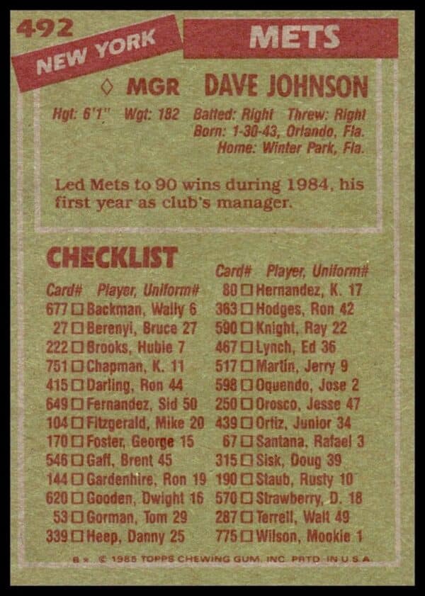 1985 Topps Dave Johnson #492 (Back)